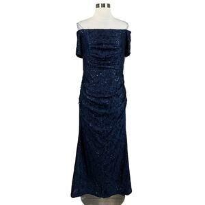 XSCAPE Women's Formal Dress Size 10P Blue Sequin Lace Off the Shoulder Long Gown